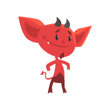 Self-confident Smiling Red Devil Stands Isolated On White Background. Flat Cartoon Fictional Character With Little Horns, Big Ears And Tail