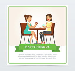 Sticker - Best female friends drinking coffee in cafe, happy friends banner flat vector element for website or mobile app