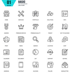 Poster - Thin line basic icons set for website and mobile site and apps. Contains such Icons as Portfolio, Services, Target, Awards, Support. 48x48 Pixel Perfect. Editable Stroke. Vector illustration.
