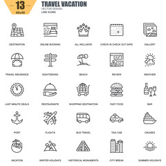 Leinwandbilder - Thin line travel and tourism, for travel agencies icons set for website and mobile site apps. Contains such Icons as Booking, Summer Holiday. 48x48 Pixel Perfect. Editable Stroke. Vector illustration.