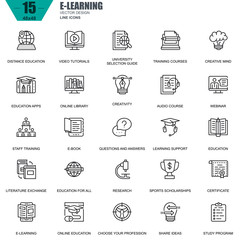 Poster - Thin line online education, e-learning, e-book icons set for website and mobile site and apps. Contains such Icons as Book, Library, Webinar. 48x48 Pixel Perfect. Editable Stroke. Vector illustration.