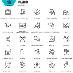 Poster - Thin line healthcare and medicine, medical equipment icons set for website and mobile site and apps. Contains such Icons as DNA, Ambulance. 48x48 Pixel Perfect. Editable Stroke. Vector illustration.