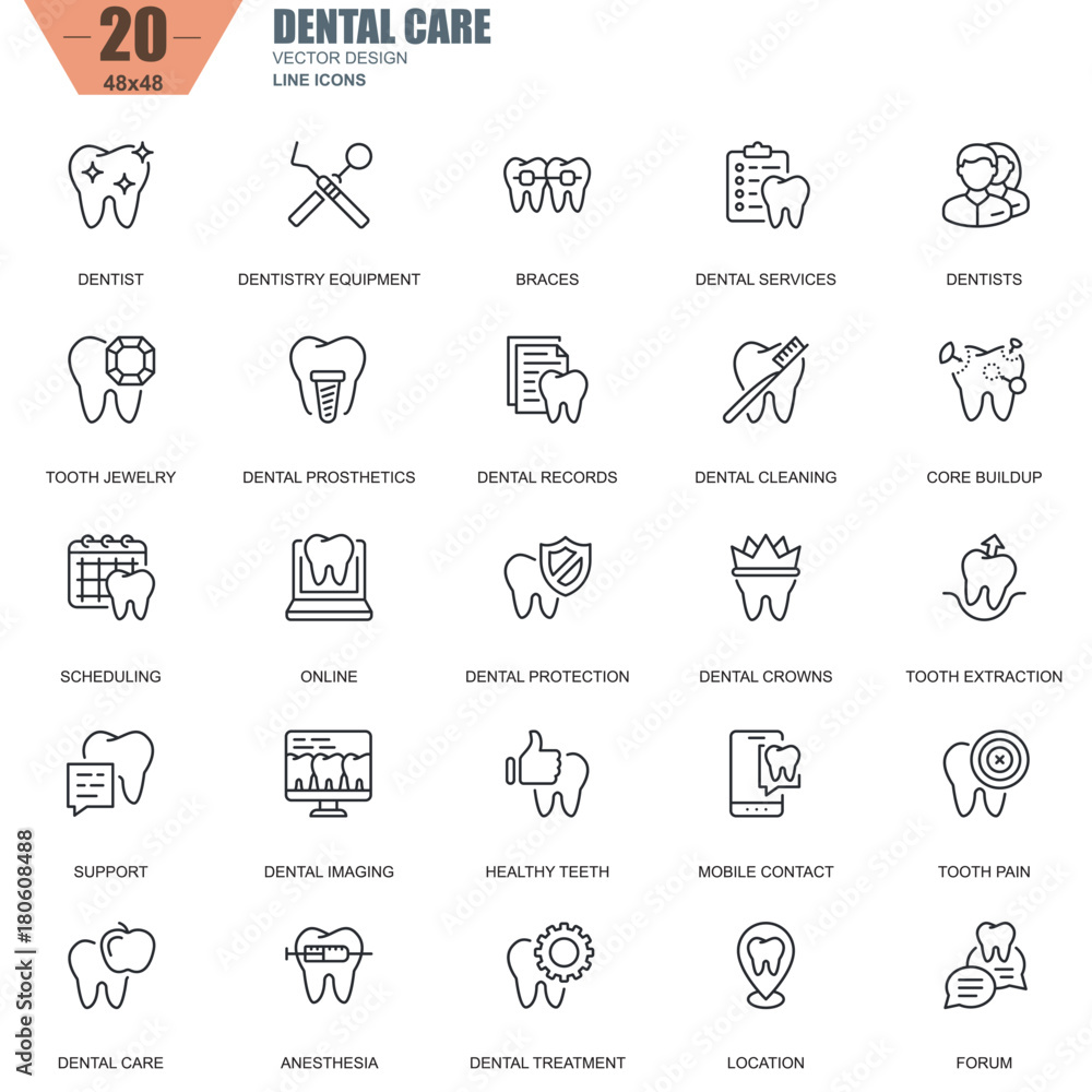 Thin line dental care, dentistry equipment, hygiene icons set for ...