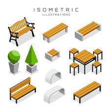 Isometric Wooden Bench Collection Vector Illustration
