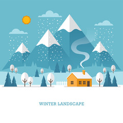 Winter landscape with house and mountains.