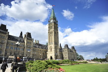 Parliament Building In Ottawa With Tulips In The Spring