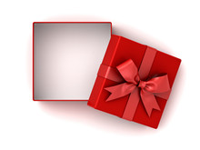 Open Red Gift Box , Red Present Box With Red Ribbon Bow And Empty Space In The Box Isolated On White Background With Shadow . 3D Rendering.