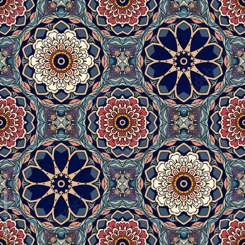 Seamless geometric pattern with stylized lotus and flowers mandalas Poster Mural XXL