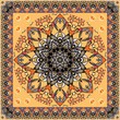 Ornamental shawl with flower mandala and ornate zigzag border. Russian, indian, persian motives. Vector autumn design. Greeting card, pillowcase, square rug.