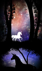 Wall Mural - Black and White Unicorn cartoon characters in the real world silhouette art photo manipulation