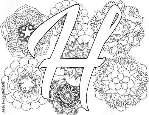 mandala-H-monogramlogo-Doodle Floral Letters. Coloring Book For Adult. Mandala and Sunflower ...