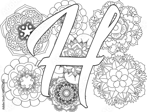 Download mandala-H-monogramlogo-Doodle Floral Letters. Coloring Book For Adult. Mandala and Sunflower ...