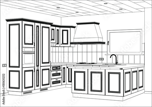 3d Vector Sketch Classic Kitchen Design In Home Interior Kitchen