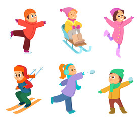 Wall Mural - Happy childrens playing in winter games. Cartoon funny characters