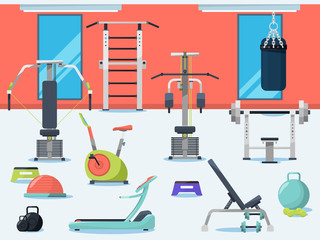 Wall Mural - Illustration of gym interior with different sport equipment