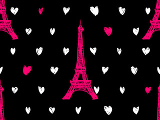 Wall Mural - seamless paris pattern with eiffel tower and hearts. french vector background. perfect for wallpaper