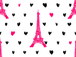 Wall Mural - seamless paris pattern with eiffel tower and hearts. french vector background. perfect for wallpaper