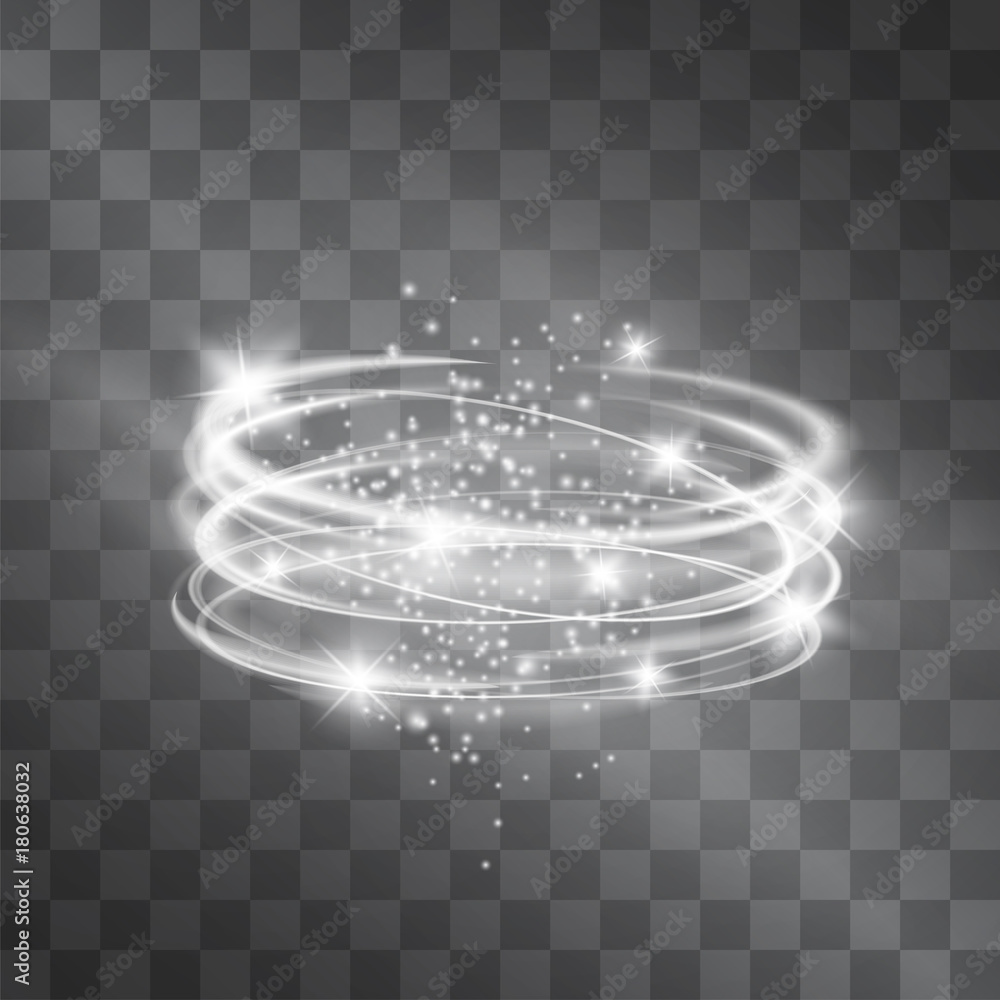 Vector silver light discs hazy effect. Cold glowing swirling storm cylinder of shining stardust sparkles on transparent background. Glittering blizzard funnel, ice cold magical illumination. - obrazy, fototapety, plakaty 