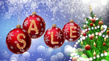 Wall Mural - Sale banner on red Christmas balls with round snow flake on bokeh background. 4K