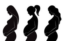Black Silhouette Of Pregnant Women With Different Hairstyles: Straight Hair, Curly Hair, Ponytail. Vector Illustration