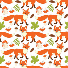Wall Mural - Vector Seamless Pattern with Cute Foxes, Mushrooms, Berries  and Leaves