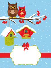Wall Mural - Vector Christmas Card Template with Owls Sitting on Branch and Winter Elements