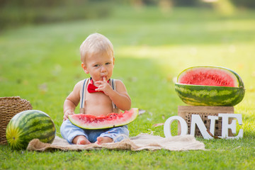 One year old little boy with watermelon on grass in the garden. smash the fruit