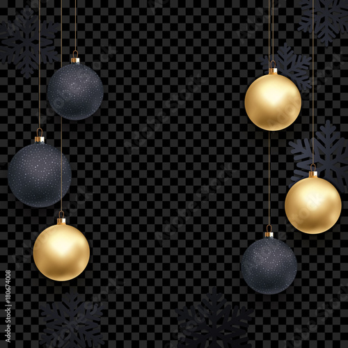 Download Christmas Holiday Greeting Card Background Template Of Golden Ball Decorations And Christmas Tree Snowflakes Vector New Year Gold Glitter Snow Confetti Pattern On Transparent Luxury Black Background Stock Vector Adobe Stock