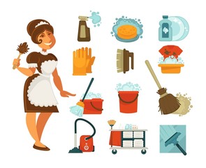 Wall Mural - House cleaning, housewife or housemaid and vector home clean tools icons
