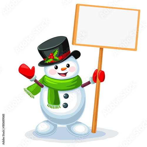 Cute snowman holding a blank sign board with space for message isolated