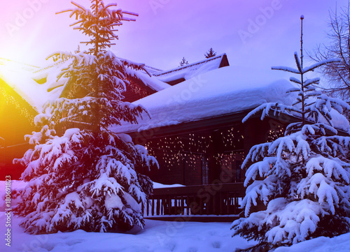 Obraz na plátně A fairy-tale house in the woods amid the snow-covered fir trees, Christmas landscape