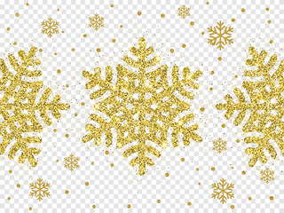 Leinwandbilder - Christmas golden glitter snowflake decoration of gold shining sparkles on white transparent background. Vector glittering shine of sparkling snow flake star for Christmas or New Year design template.