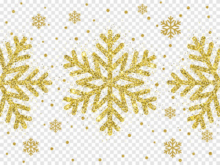 Christmas golden snowflake decoration of gold glitter shine on white transparent background template. Vector glittering shine sparkles of sparkling snow flake star for Christmas or New Year design