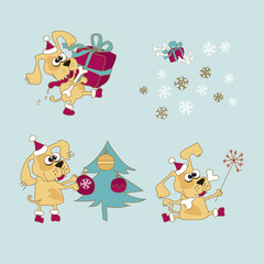 Wall Mural - Cool yellow dog mascot. Cartoon set. Funny winter xmas animal in Santa hat with gift box. Christmas and Chinese New year Vector illustration