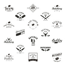 Set Of Retro Styled Butchery Logo Templates. Butchery Labels With Sample Text. Butchery Design Elements And Farm Animals Silhouettes For Groceries, Meat Stores, Packaging And Advertising.