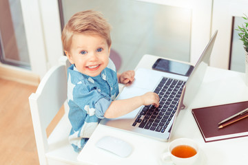 little business blond baby boy in blue shirt sitting at a computer laptop, looking and playing at th