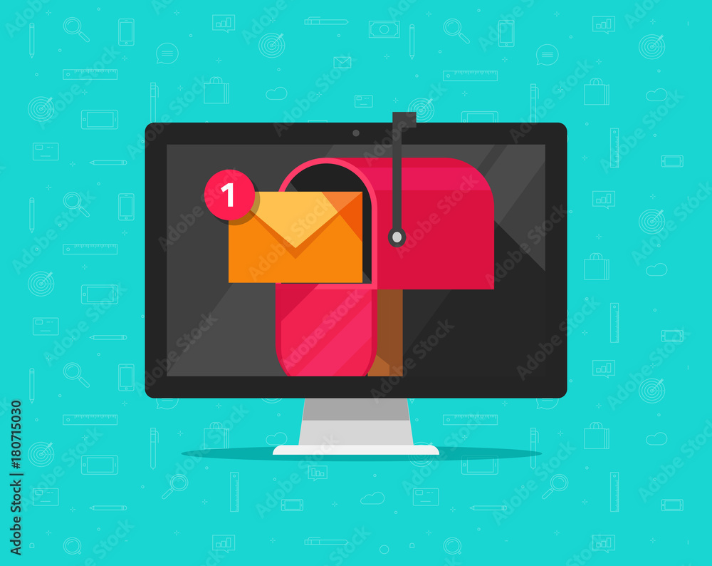 Computer with mailbox on screen vector illustration, flat cartoon ...