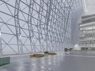 Public interior atrium. 3D render.