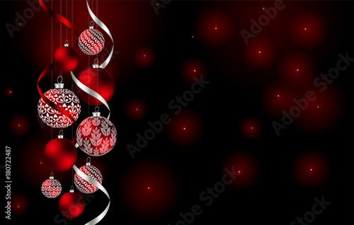 Foto-Schiebegardine mit Schienensystem - Red New Year background with Christmas balls and confetti. Vector illustration. (von gsshot)