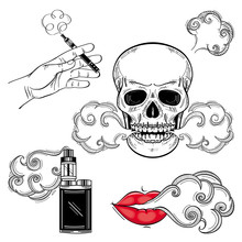 Vector Sketch Hand Drawn Vaping Symbols Set. Skull Exhailing Smoke, Woman Lips Smoking, Vape Device With Clouds Of Vapour And Hand Holding Vaping Device. Isolated Illustration On White Background