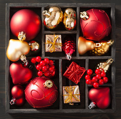 christmas gift and decoration in wooden box