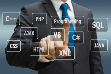 Businessman CEO hand touching  virtual panel of programming languages, Computer technology concept