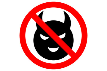 Sticker - NO DEMONS ALLOWED sign. Devil face silhouette isolated. Vector.