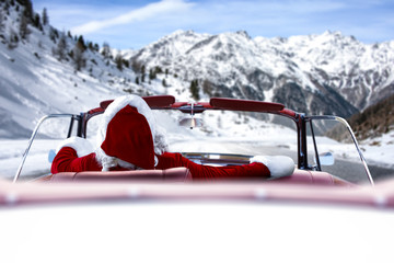 Poster - Santa Clasu car and winter road. 