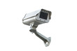 Surveillance camera, isolated white background..Security infrared camera in housing protection with arm holder , front view.