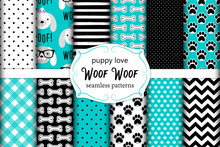 Cute Set Of Seamless Patterns With Hand Drawn Cartoon Characters Of Dog, Footprints And Bones