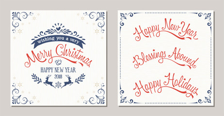 Wall Mural - Ornate winter holidays typographic design with reindeer, snowflakes and swirl frames. Merry Christmas, Happy New Year, Blessings Abound and Happy Holidays lettering.