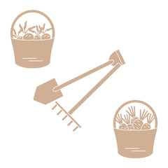 Illustration of harvest: shovel, rake and two buckets of carrots and beets.