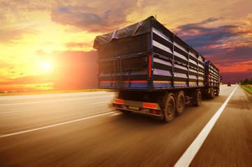 Canvas Print - Rear view of the big truck driving fast with trailer on the countryside road against night sky with sunset