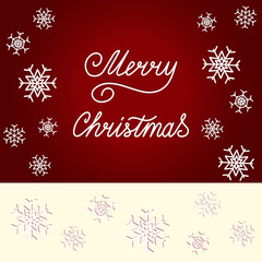 Lettering Merry Christmas, white snowflakes on a dark red background with  frame cream color. Concept for cards, invitations, packets. Paper art style. Happy New Year. Vector illustration EPS 8.